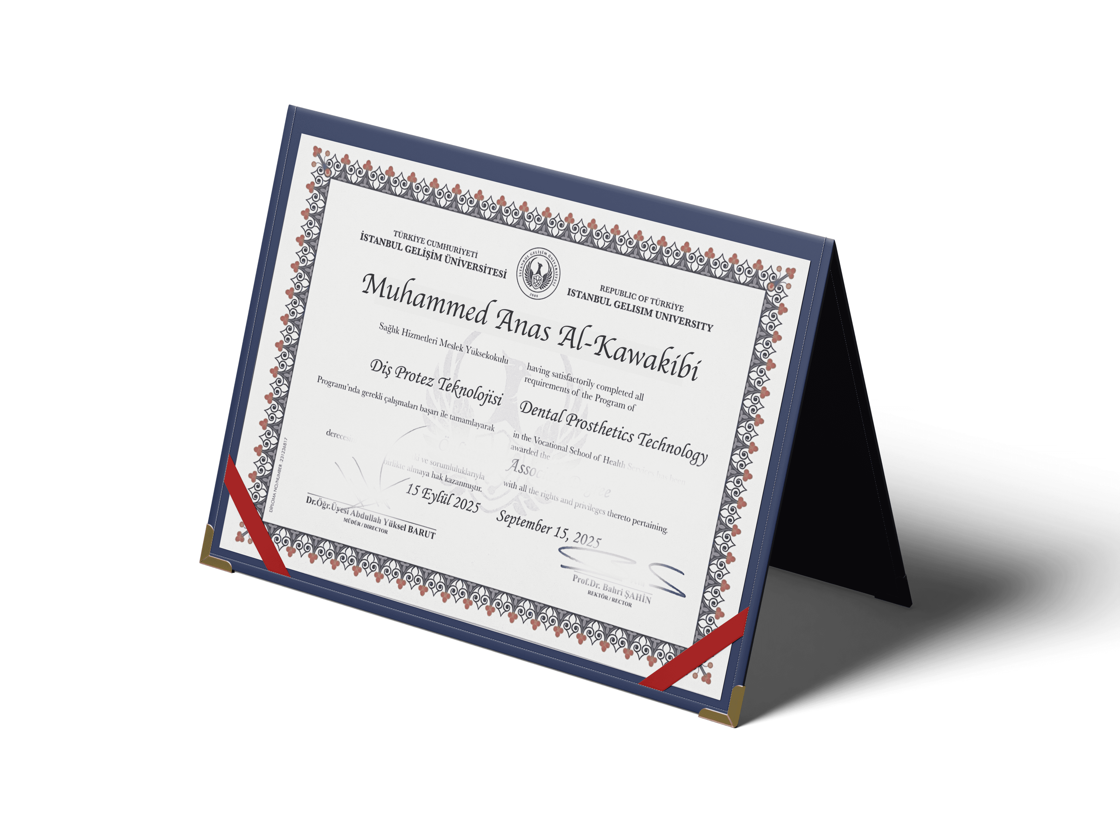 Dental Prosthetics Technology diploma from Istanbul Gelişim University in a folder stand