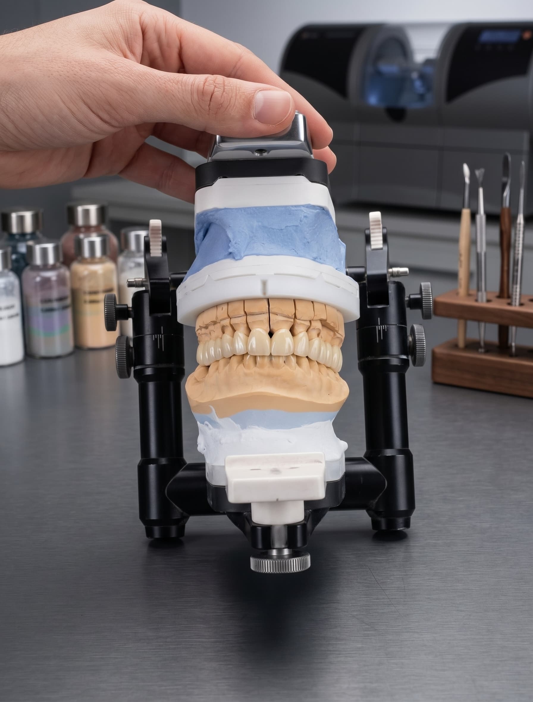 A technician adjusting upper and lower models mounted on an articulator