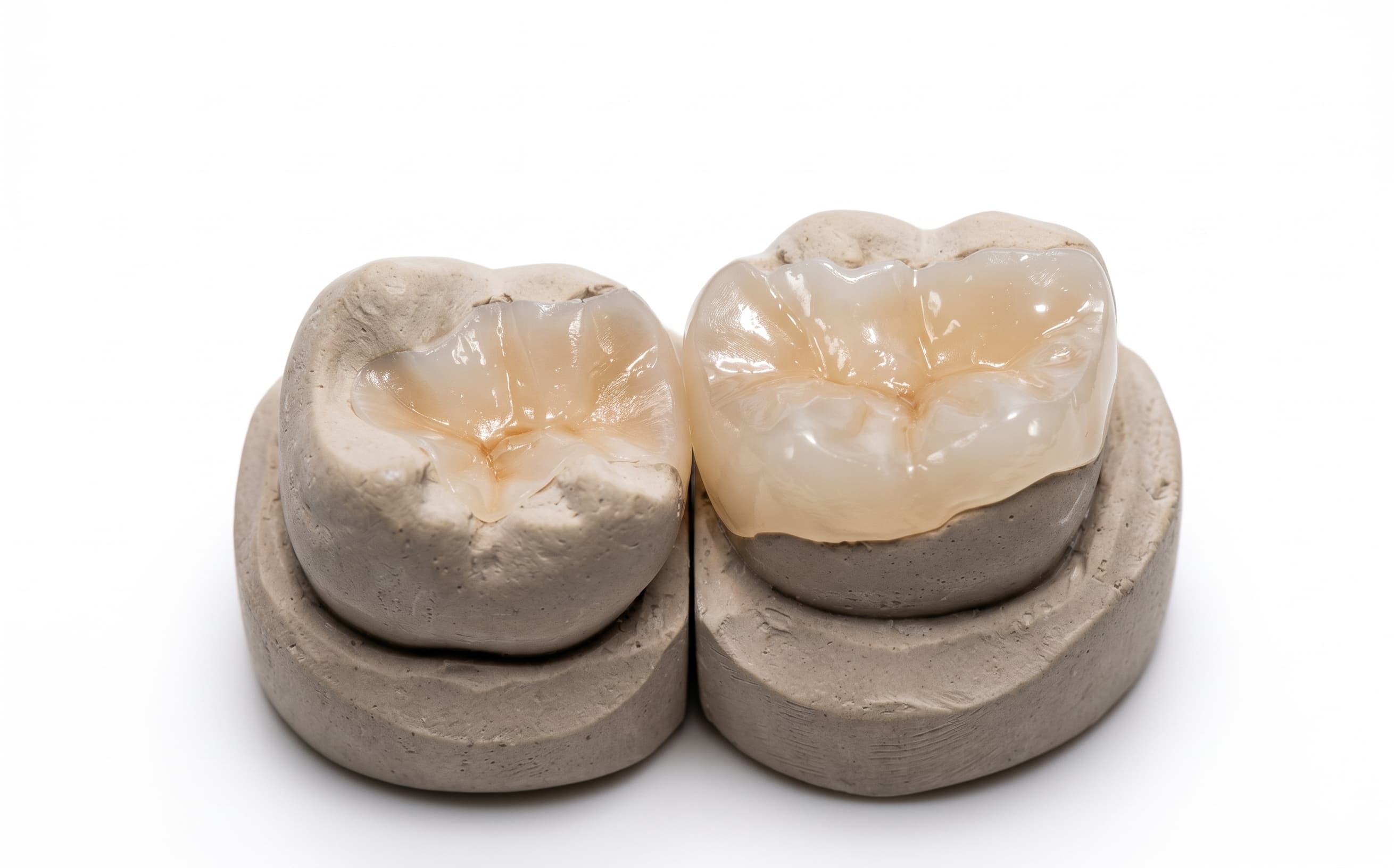 Two ceramic inlay and onlay restorations on stone dies