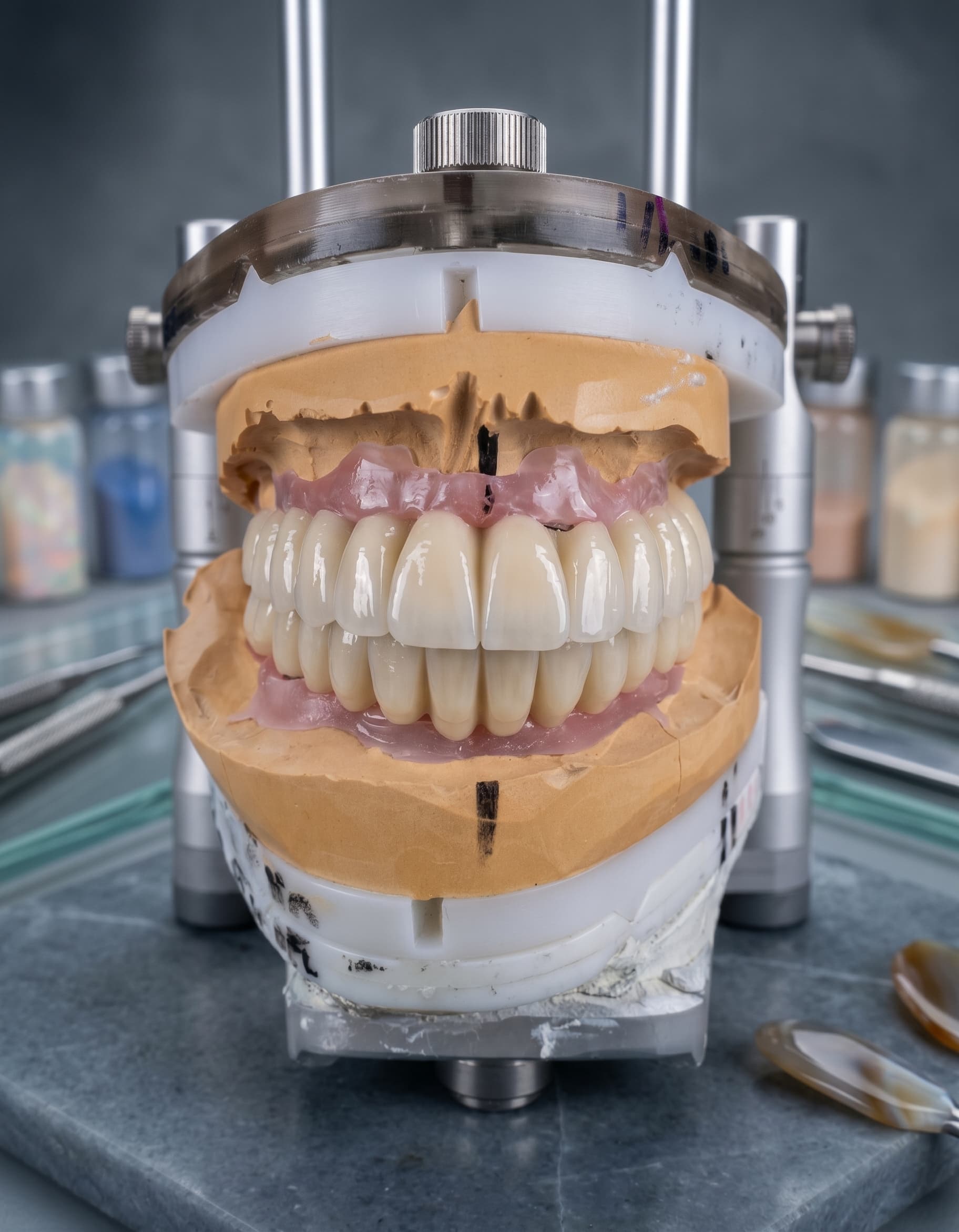 A full-arch restoration on a stone model in an articulator